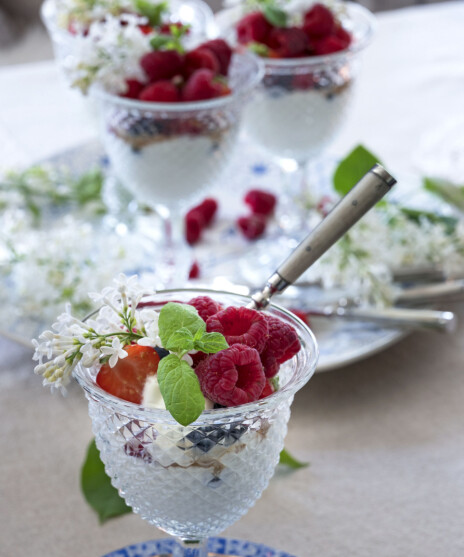 ENKEL DESSERT: Monica har lagd en sommerlig og enkel dessert til dagens gjester. Vaniljekesam med friske bringebær smaker godt i varmen.