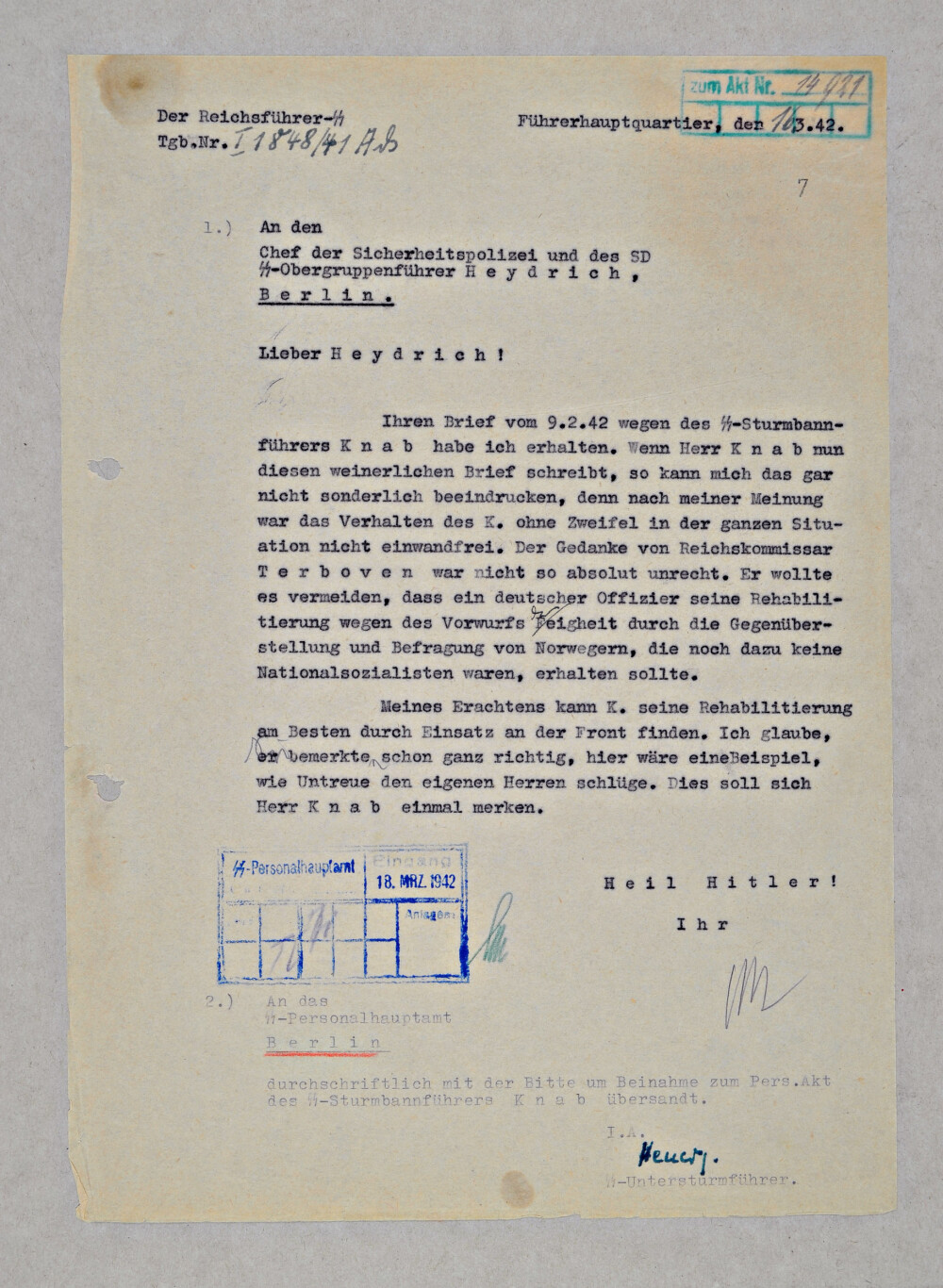 <b>INGEN NÅDE:</b> SS-sjefen Heinrich Himmler var rystet over feigheten til Gestapo-sjefen i Norge, og skrev om det i brevet til SS-general Reinhard Heydrich