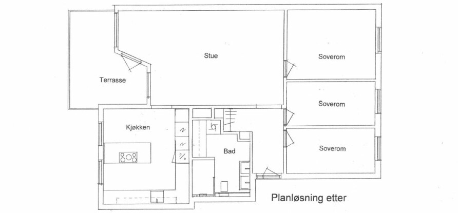 PLANLØSNING ETTER: To små sanitærrom har blitt til ett stort og romslig, og kjøkkenet har fått ny planløsning