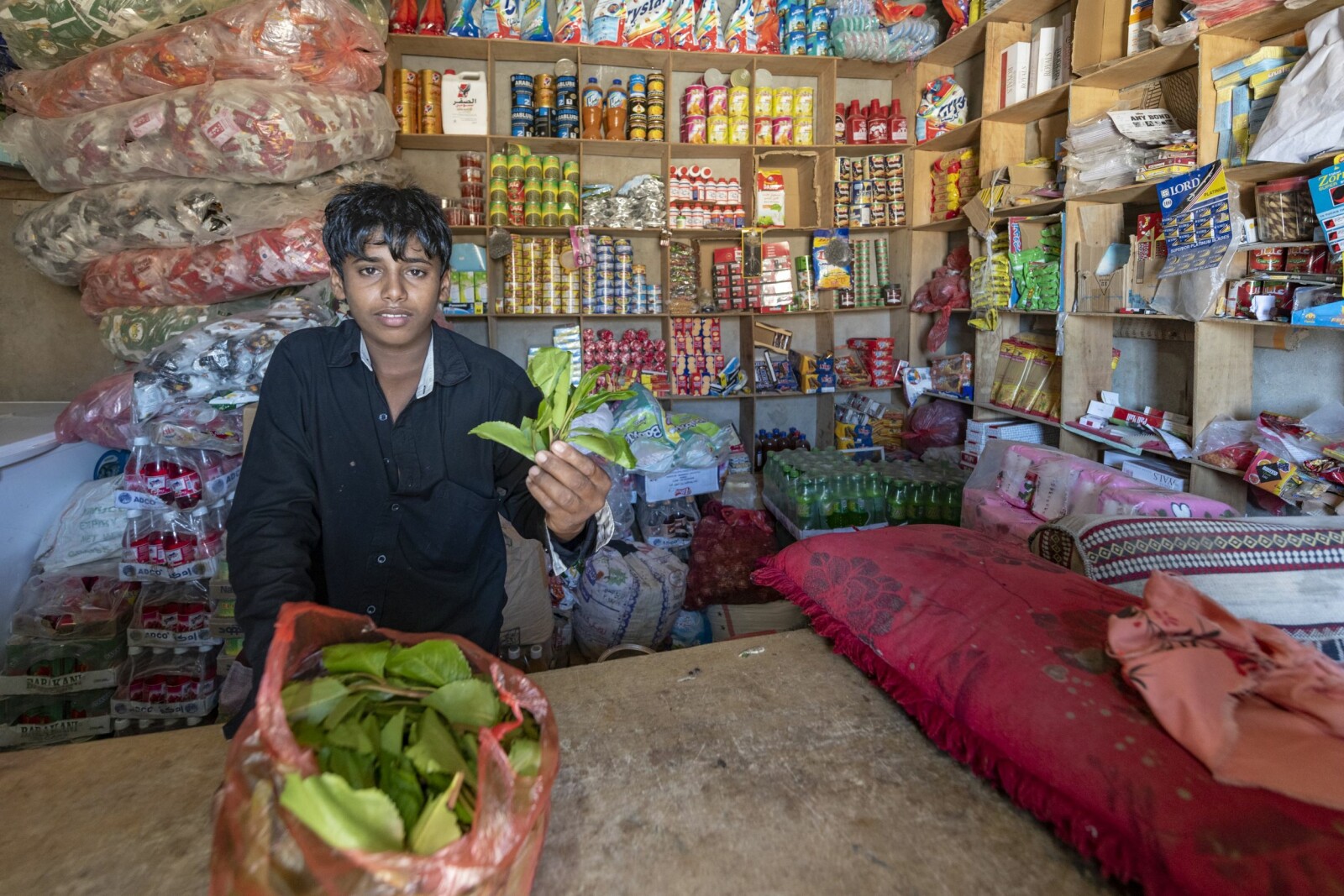 <b>EN NEVE KHAT:</b> – Hvor mye skal du ha? Yasser selger khat fra sin lille butikk i byen Qalansiah. 