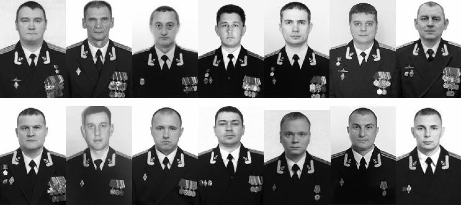 <b><SPAN CLASS=BOLD>HELTER:</b></span> Høyt dekorerte offiserer var blant de 14 som omkom under brannen om bord på spionubåten Losharik. Øverst til venstre: 1.-klasses helt av Russland, Denis Dolonsky
