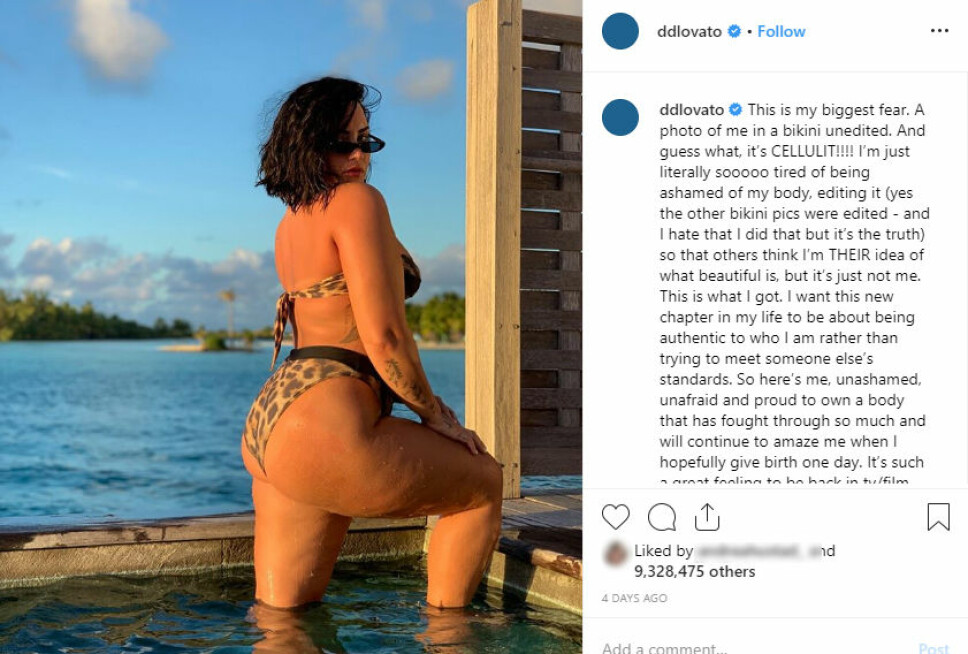 UREDIGERT: Dette bildet la Demi Lovato ut på Instagram-kontoen sin nylig, og skriver at hun er lei av å skamme seg over kroppen sin.