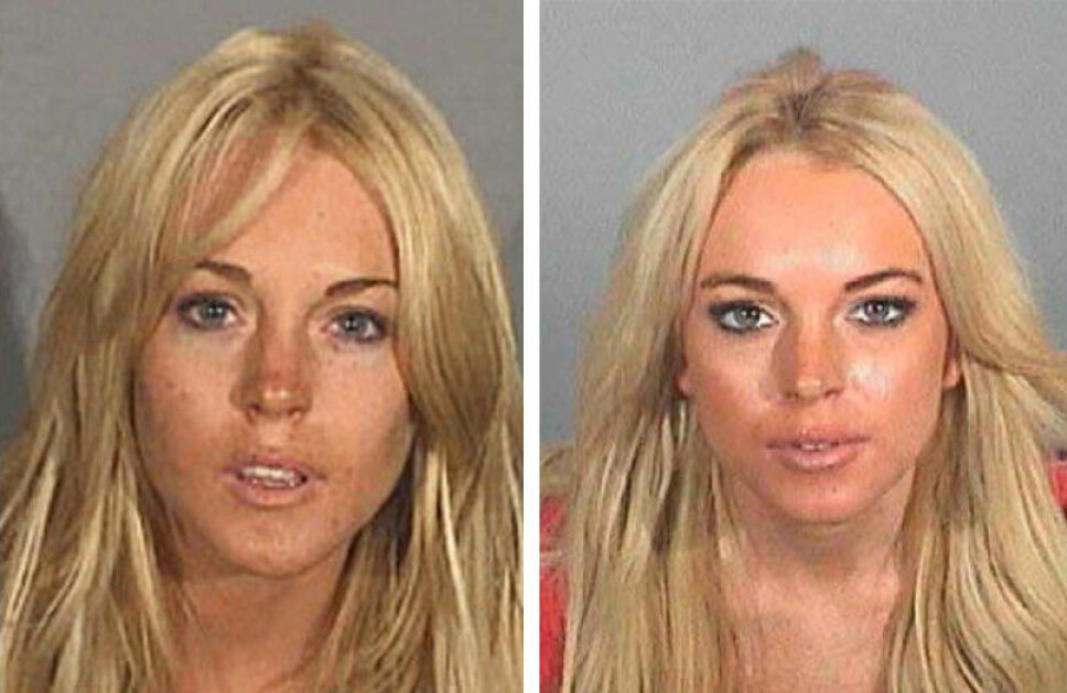 2007: Lindsay Lohan ble fotografert i arresten hos politiet to ganger i 2007. Bildet til venstre er fra juli 2007, bildet til høyre fra november 2007.