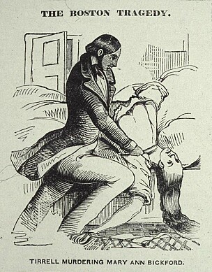 BRUTALT DRAP; En tegning forestiller Albert Tirrell nærmest halshugge Mary Ann Bickford i 1846. Tirrell ble frikjent for drapet fordi han hevdet det skjedde mens han sov. BRUTALT DRAP; En tegning forestiller Albert Tirrell nærmest halshugge Mary Ann Bickford i 1846. Tirrell ble frikjent for drapet fordi han hevdet det skjedde mens han sov.
