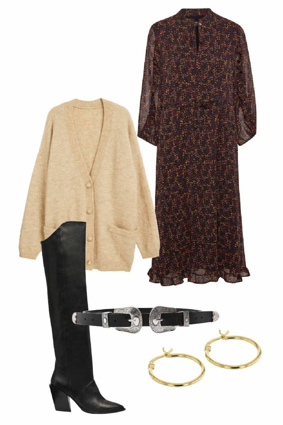 INSPIRASJON: Cardigan fra Lindex, kr 499. Kjole fra Gestuz, kr 1599. Høye støvletter i skinn fra Rodebjer, kr 6295. Belte fra Zara, kr 229. Øredrobber fra Hasla, kr 385. INSPIRASJON: Cardigan fra Lindex, kr 499. Kjole fra Gestuz, kr 1599. Høye støvletter i skinn fra Rodebjer, kr 6295. Belte fra Zara, kr 229. Øredrobber fra Hasla, kr 385.