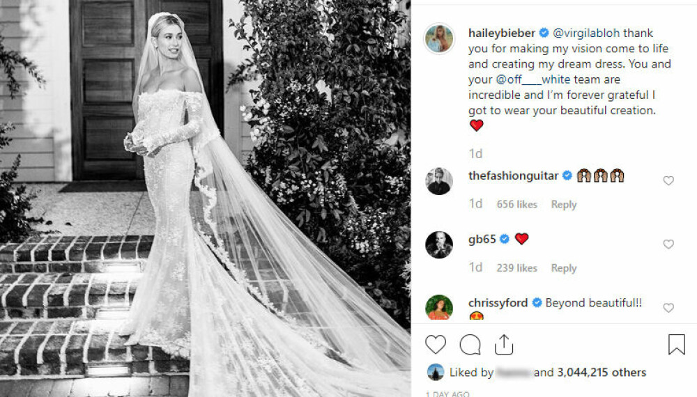 NYDELIG: Hailey Bieber i den eventyrlige brudekjolen hun hadde på seg da hun giftet seg med Justin Bieber for andre gang.