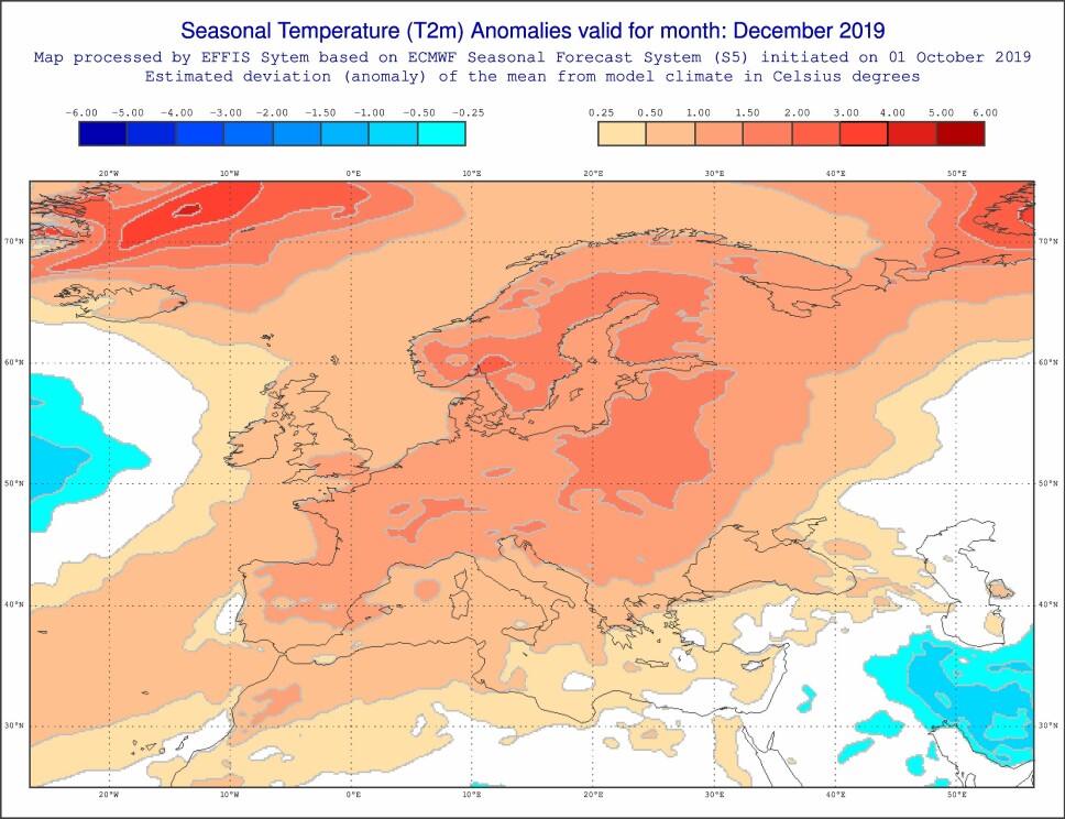 <b>MILD DESEMBER?</b> Dette er den europeiske temperaturprognosen for desember. Rødfargen vitner om at måneden ligger an til å bli OPP MOT 1,5 grader mildere enn normalen.