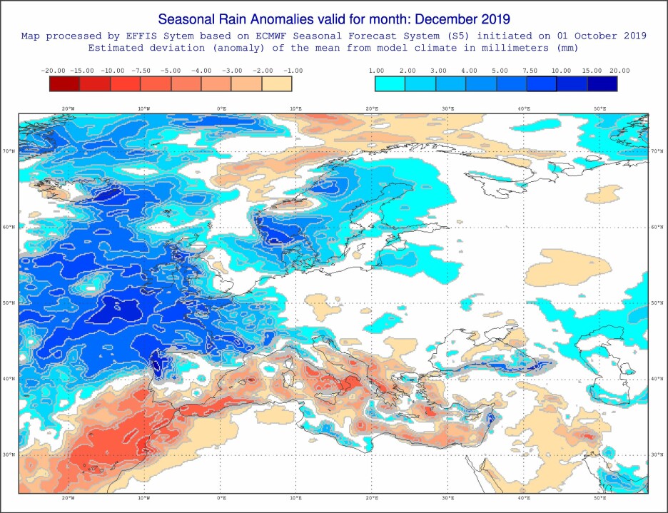 <b>VÅTT? </b>Den europeiske nedbørsprognosen for desember. ECMWFs modeller tyder på at det vil bli uvanlig vått i Sør-Norge og Nordland.