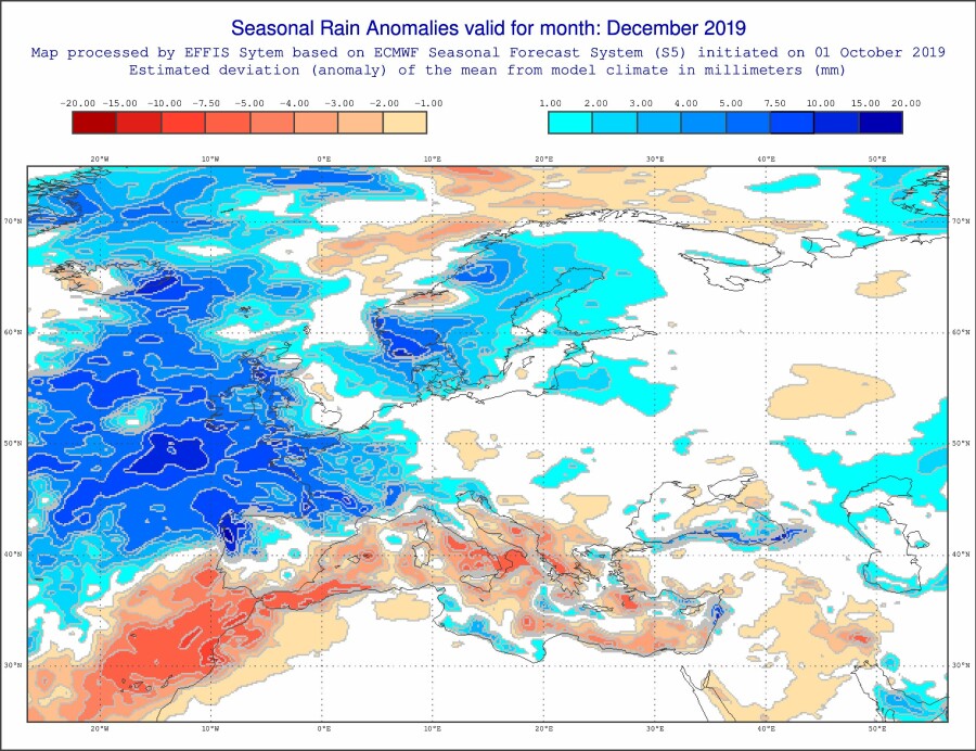 VÅTT? Den europeiske nedbørsprognosen for desember. ECMWFs modeller tyder på at det vil bli uvanlig vått i Sør-Norge og Nordland.