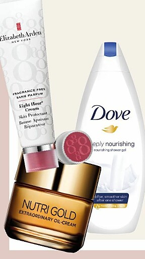 Tre på topp! Produktene Dorthe Skappel ikke klarer seg uten. Eight Hour Cream fra Elizabeth Arden, kr 335.Nutri Gold ansiktskrem fra L’Oréal, kr 119. Deeply Nourishing Shower Gel fra Dove, kr 35 for 250 ml. Tre på topp! Produktene Dorthe Skappel ikke klarer seg uten. Eight Hour Cream fra Elizabeth Arden, kr 335.Nutri Gold ansiktskrem fra L’Oréal, kr 119. Deeply Nourishing Shower Gel fra Dove, kr 35 for 250 ml.
