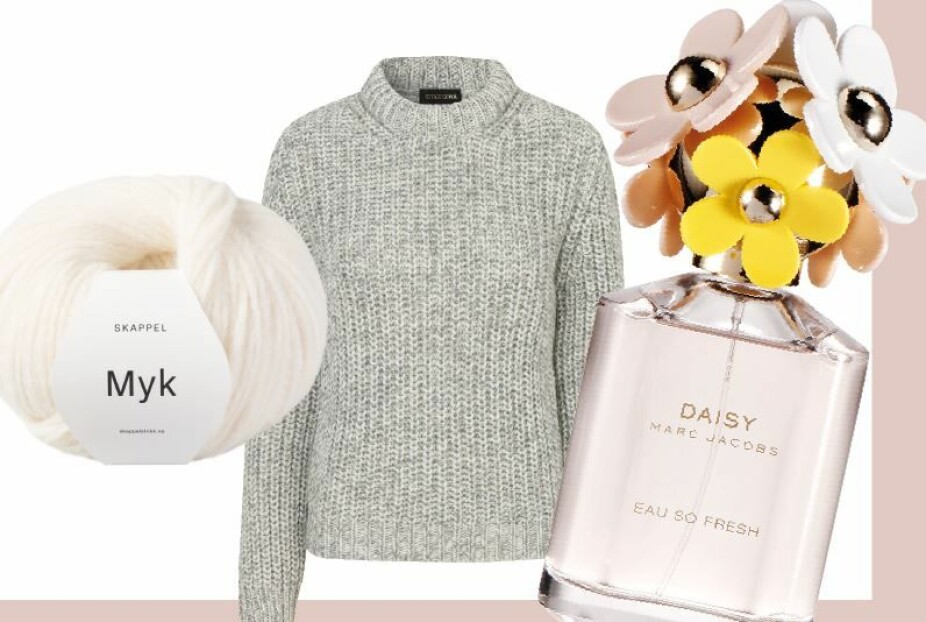 Strikkedilla! Dorthe er glad i god strikk, oftest selvlaget. Garn fra Dorthes eget strikkemerke Skappel,
i fargen 305 naturhvit, kr 89. Strikkegenser fra Stine Goya, kr 2200.Marc Jacobs Daisy Eau So Fresh parfyme,
kr 765 for 75 ml. Strikkedilla! Dorthe er glad i god strikk, oftest selvlaget. Garn fra Dorthes eget strikkemerke Skappel,
i fargen 305 naturhvit, kr 89. Strikkegenser fra Stine Goya, kr 2200.Marc Jacobs Daisy Eau So Fresh parfyme,
kr 765 for 75 ml.