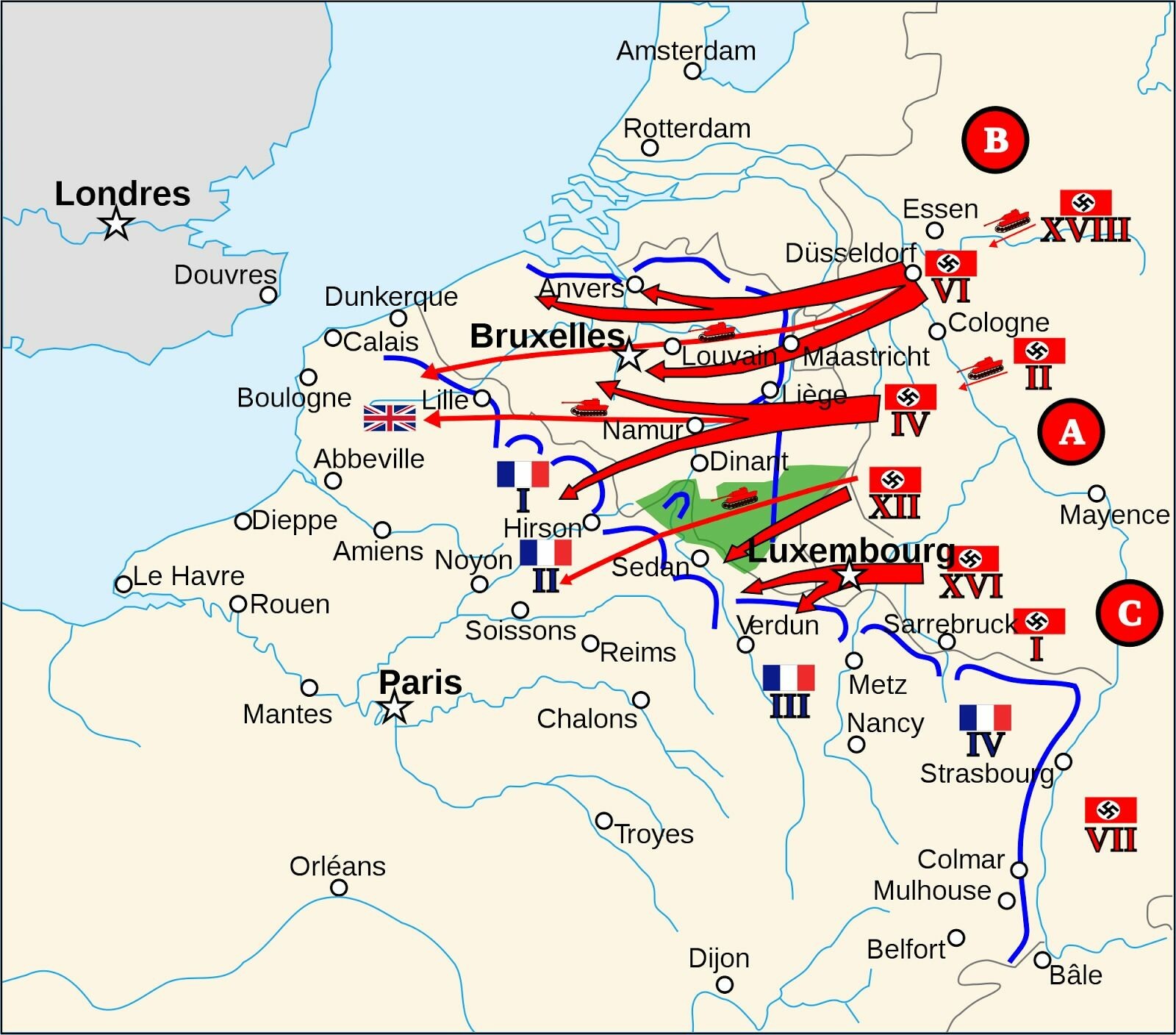 <b>HITLERS BAKVEI:</b> Den blå, ubrutte linjen mot Tyskland var ugjennom­trengelig. Men Hitler tok bak­veien via Belgia.