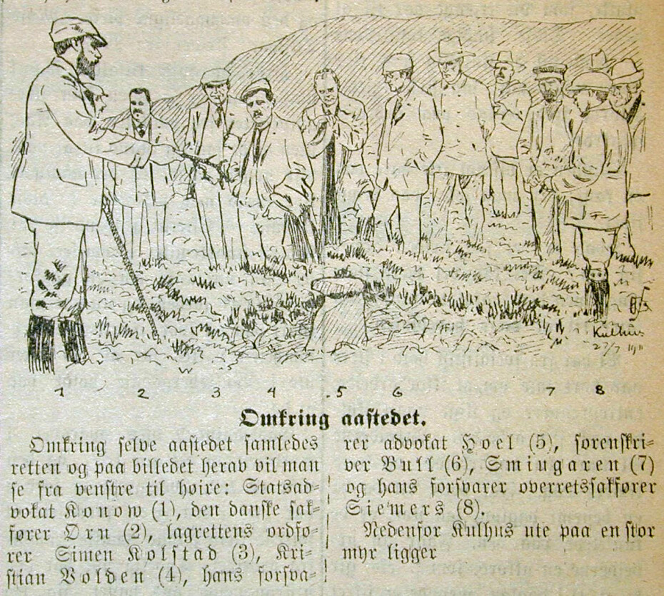 RETTSREFERAT: Avisen Samhold på Gjøvik dekket drapet på Fjellkongen tett. Her har tegneren foreviget følget som deltok under åstedsbefaringen da de oppsøkte funnstedet for Knut Presteruds levninger. Fra venstre står statsadvokat Konov, sakfører Ørn, lagrettens ordfører, Simen Kolstad, Hans Kristian Volden, Voldens forsvarer, advokat Hoel, sorenskriver Bull, Jakob Smiugarden og hans forsvarer, overrettssakfører Siemers.