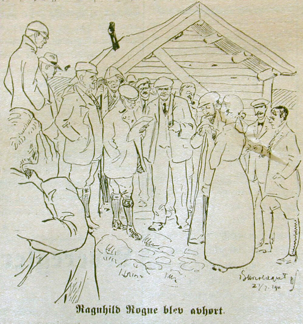 <b>VITNEAVHØR:</b> I juli 1911 ble det gjennomført en åstedsbefaring oppe i fjellet. Her blir Magnhild Rogne avhørt av statsadvokat Konov. Tegneren er ukjent.