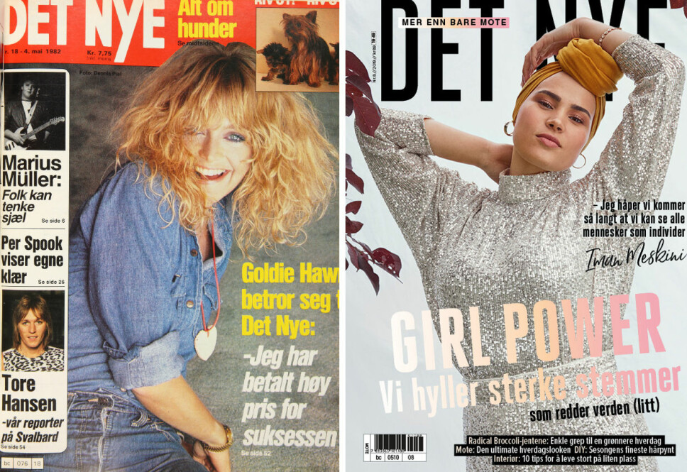 DA OG NÅ: Goldie Hawn anno 1982 vs. Iman Meskini anno 2019 på forsiden av Det Nye. Etter 62 år legges nå bladet ned.