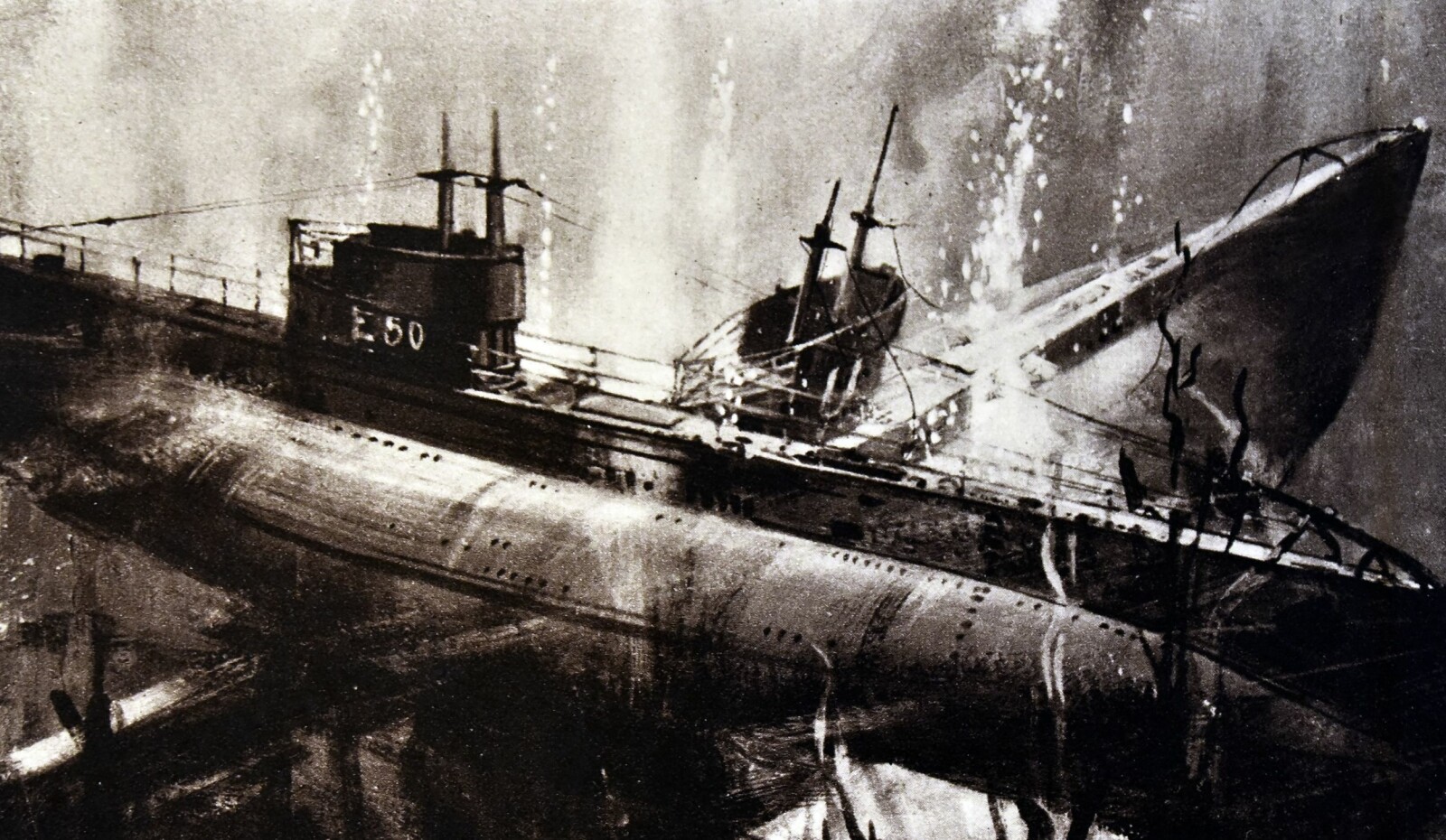 <b>KOLLISJONEN:</b> E50 og UC-62 braket sammen den 19. mars 1917. 