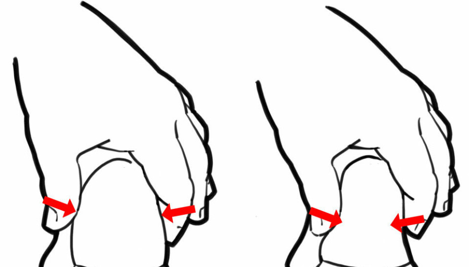 KLEMMETEST: Hælkappen skal være stiv for å gi støtte og hold til foten. Kan du klemme den sammen slik du ser på illustrasjonen til høyre, er hælkappen for myk. Det er viktig at den ikke er for stor.