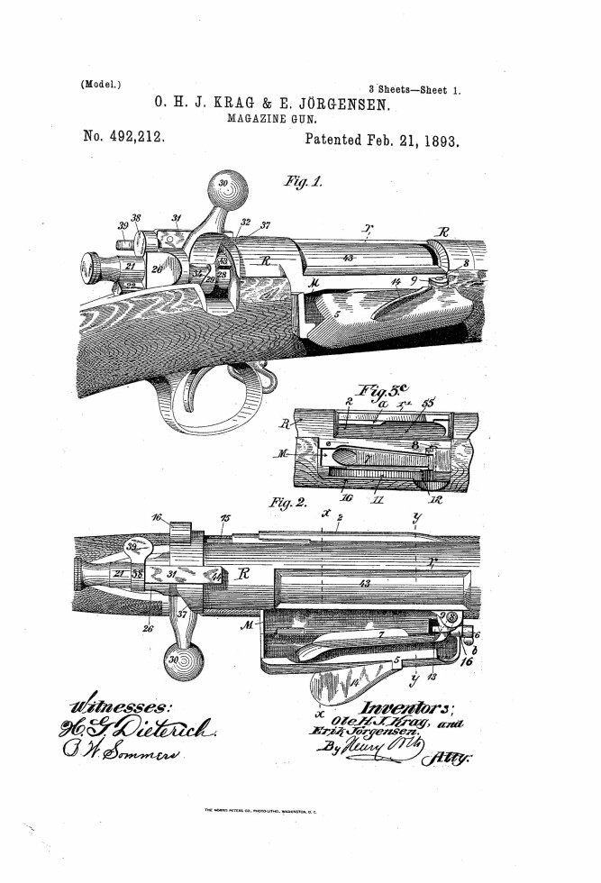 <b>PATENT:</b> Ole Herman Johannes Krag og Erik Jørgensen var nøye med å patentere nye oppfinnelser. Her et patent fra 1893 på et magasingevær. 
