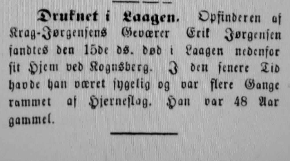 <b>TRAGISK SLUTT:</b> Notis fra Inhereds-Posten om Erik Jørgensens drukning.