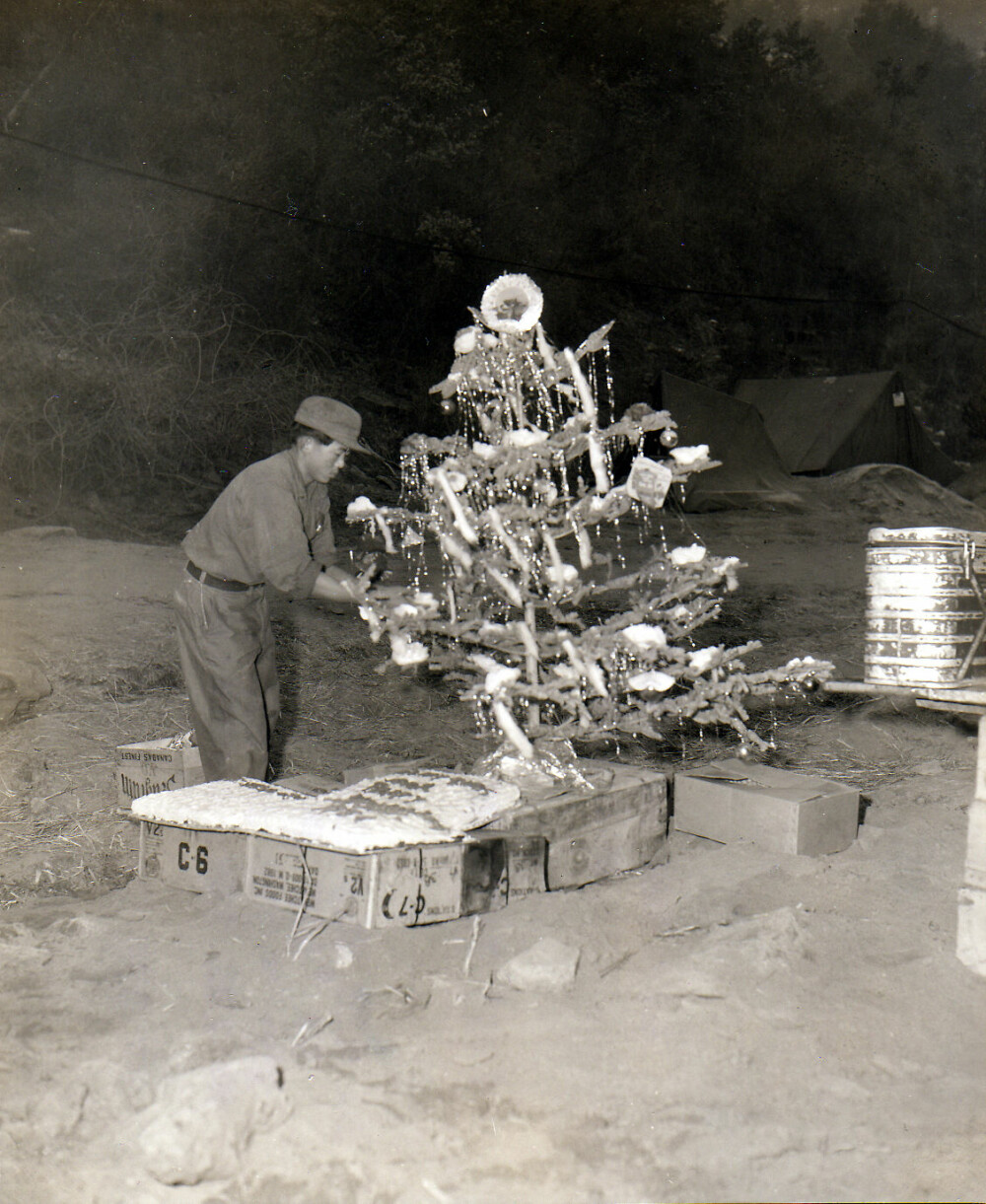 <b>ENGLEKOR (EA):</b> Juletre pyntet til trengsel, 1. juledag 1951.