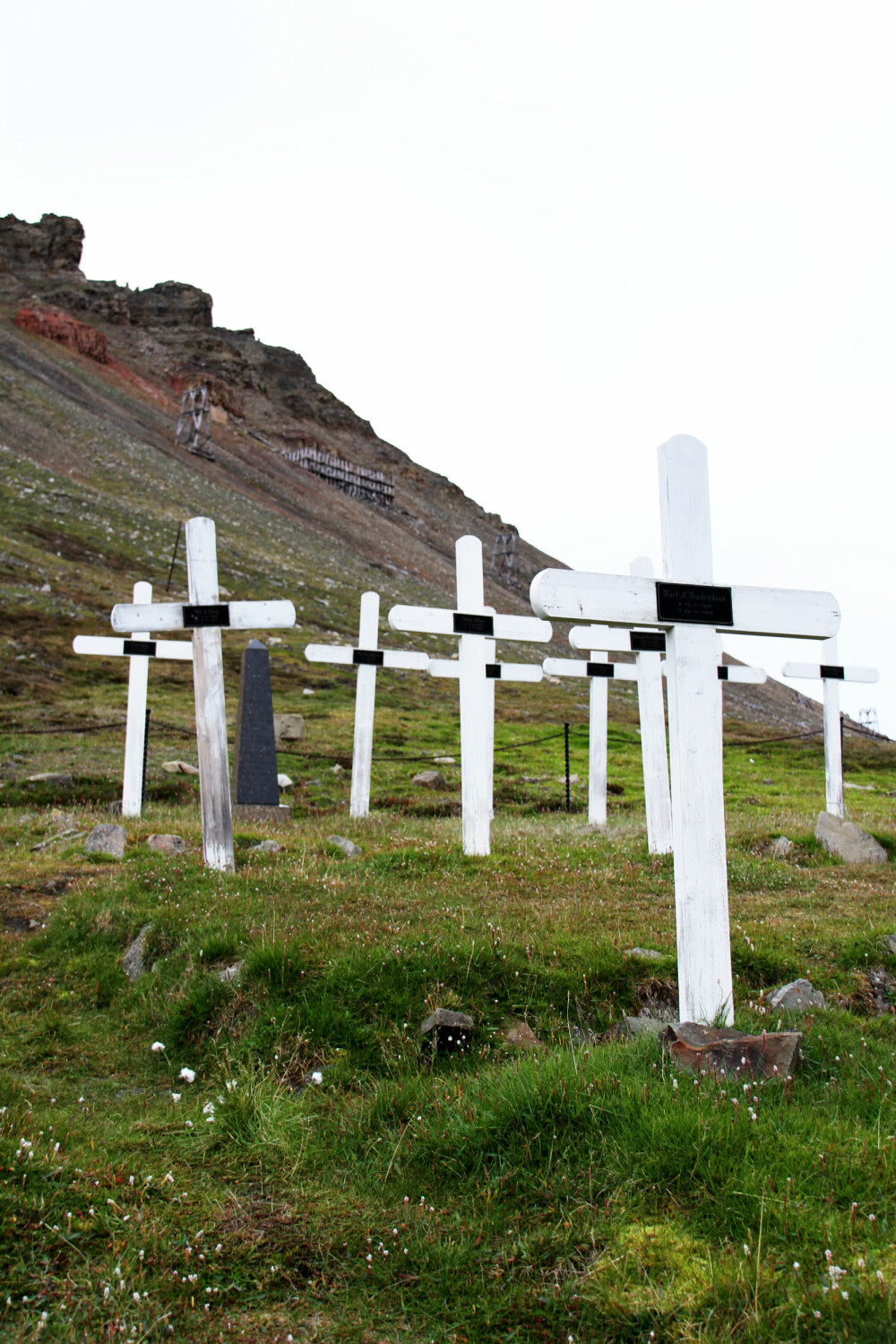 <b>DØDSFORBUD:</b> Det er egentlig forbudt å dø på Svalbard. Kirke­gården med et fåtall graver er stengt for nye døde. Her hviler både ofrene for spanskesyken og gruvekatastrofen i 1920. Nå vurderes kirkegården flyttet på grunn av rasfare og tining av perma­-frost.