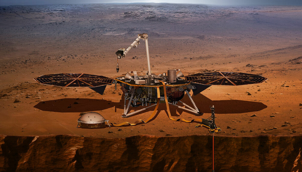<b>KARTLEGGER MARS:</b> Illustrasjon av InSight på overflaten av Mars.