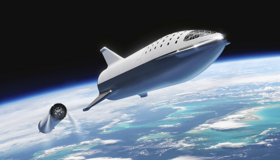 <b>ROMSKIP:</b> En illustrasjon av SpaceX' passasjer-rakett Big Falcon Rocket (BFR) som ble sluppet i 2018.