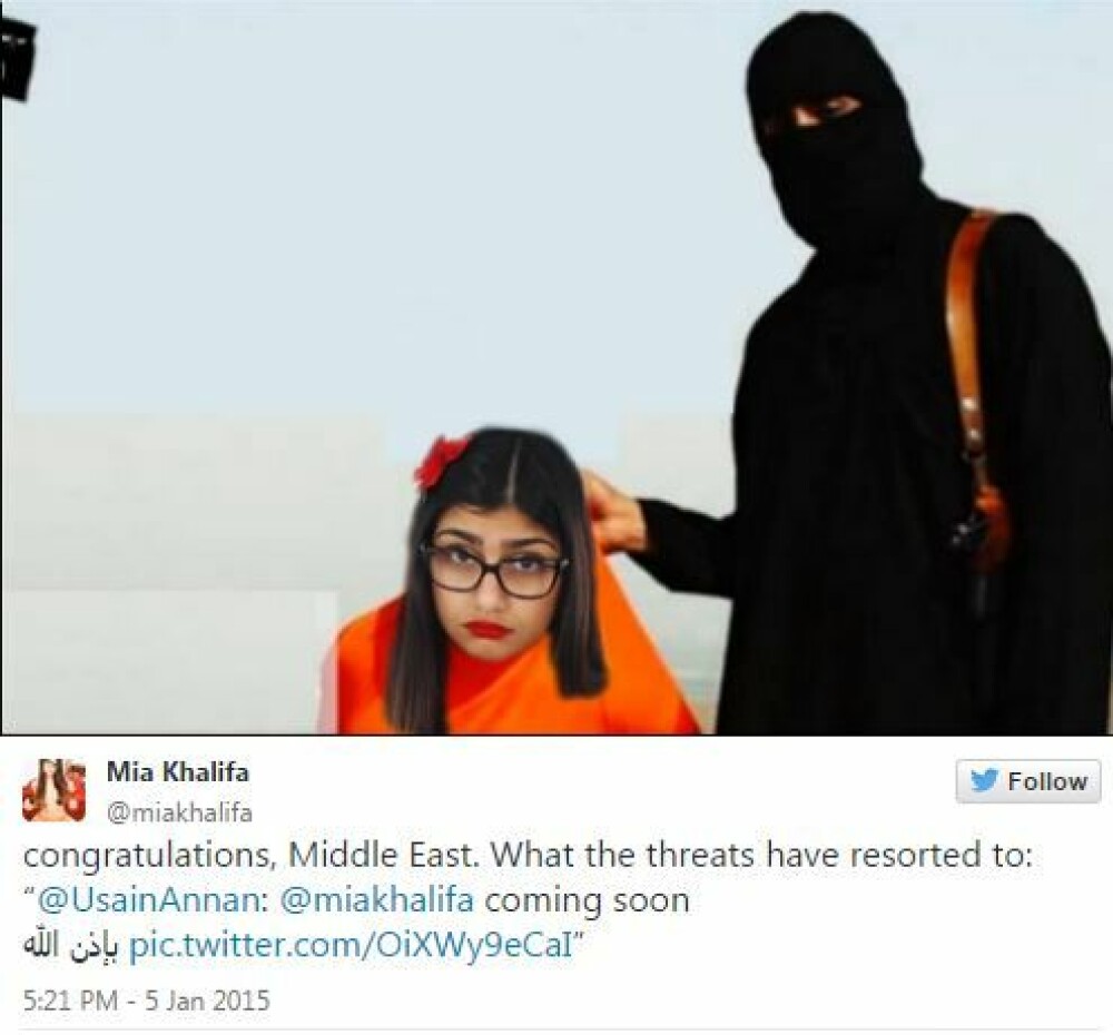 <b>SORT HUMOR:</b> Mia Khalifa svarte på dødstruslene med et aldri så lite manipulert bilde på sin egen Twitter-<br/>konto. 