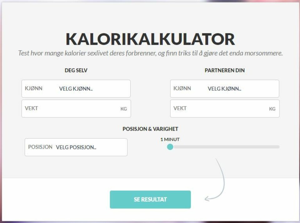 PRØV SELV: På kalorikalkulatoren kan du selv teste hvor mange kalorier du forbrenner under sex.