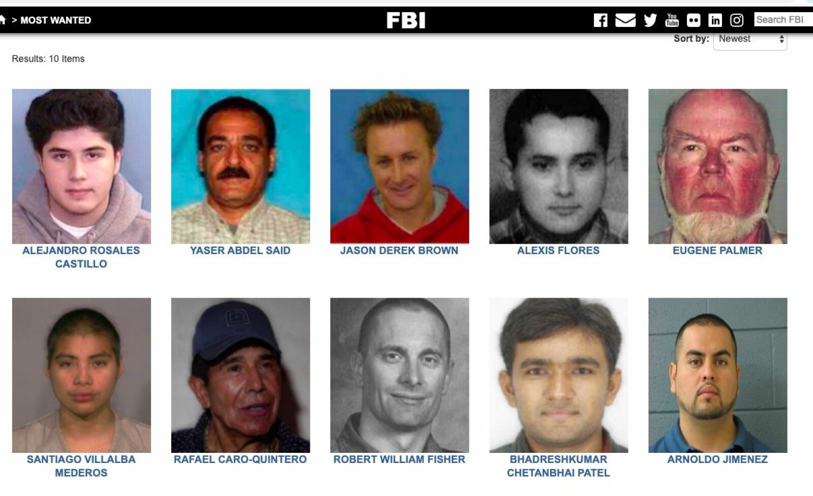 <b>FERSK LISTE:</b> Disse ti utgjorde listen over FBIs ti mest ettersøkte kriminelle i slutten av november 2019.
