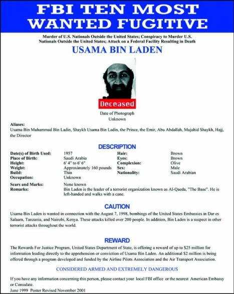 <b>13 ÅR PÅ LISTE:</b> Terroristen Osama bin Laden sto på listen fra et bombeattentat mot USAs ambassade i Kenya i 1998 til han ble tatt av dage i 2011. 