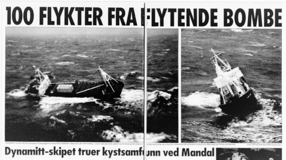 <b>DRAMATISK:</b> Dette oppslaget i Dagbladet viser bilder som ble tatt fra redningshelikopteret som berget mannskapet på Stavfjord. I containeren på dekk ble det oppbevart 45.000 fenghetter.