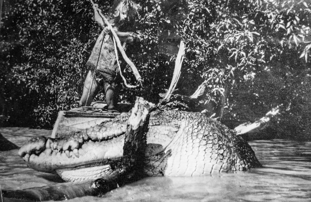 <b>STYGT TEMPERAMENT:</b> Dette bildet i en hule i ørkenbyen Coober Pedy viser den gamle nazisten Crocodile Harry med en krokodille som han selv hevdet målte åtte meter.