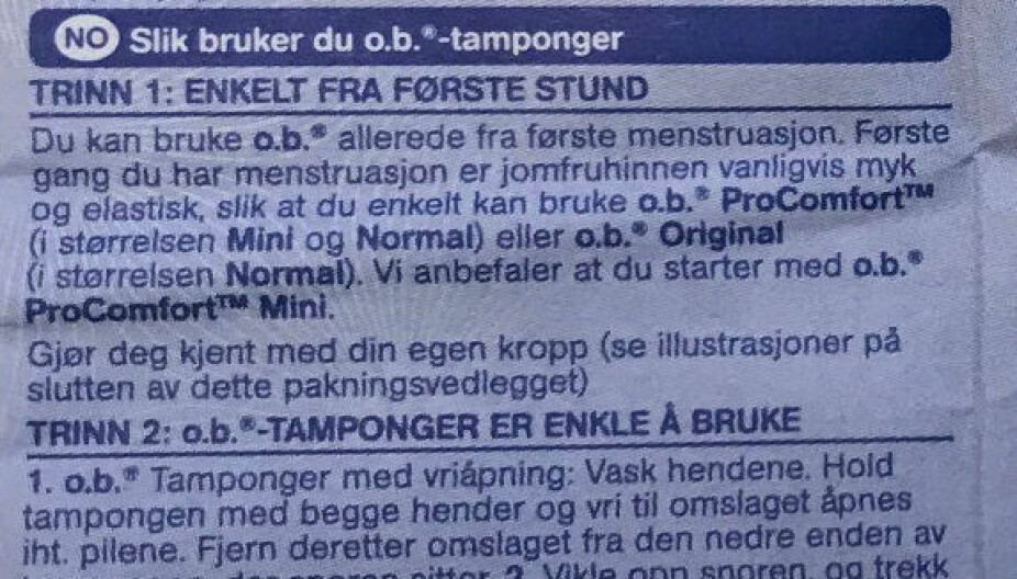 PAKNINGSVEDLEGG: Fra O.b.s pakningsvedlegg for tamponger.