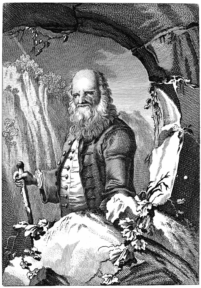 <b>HEFTIG NATUR:</b> Hovedpersonen omgitt av heftig fjellandskap for å antyde den gamles norske herkomst. Illustrasjonen ble brukt i levnetsbeskrivelsen. 