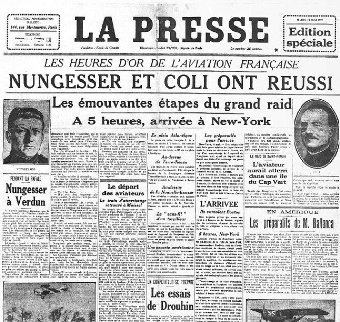 <b>JUBLET FOR TIDLIG:</b> Et par franske aviser meldte feilaktig at Den hvite fuglen hadde landet trygt i New York, og meldte om «gylne timer for fransk luftfart: Nungesser og Coli har lyktes». 