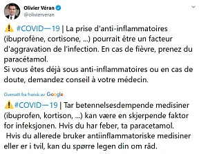 FRARÅDET BRUK: I en twitter-melding frarådet den franske helseministeren Oliovier Véran korona-smittede å bruke ibuprofen.