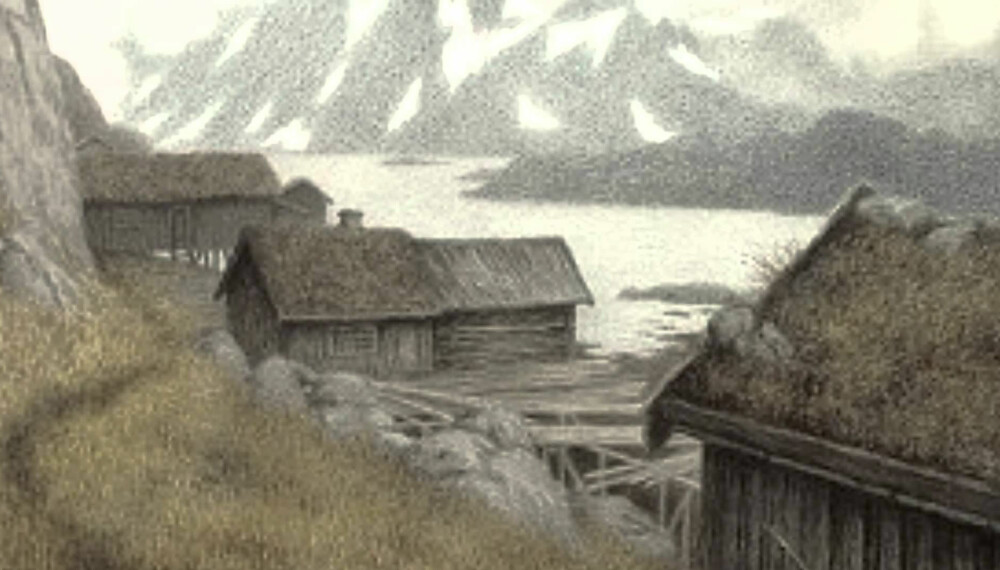 ØDEGÅRDER: Mange forlatte gårder, som disse et sted på kysten, forfalt etter Svartedauden. Fra Theodor Kittelsens bok «Svartedauen» fra 1901.