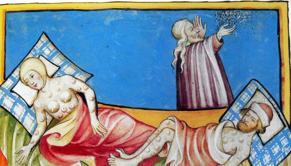 BYLLEPEST: Denne miniatyren viser to pestsyke med byller. Presten i bakgrunnen anroper himmelen om hjelp. Bildet er fra Toggenburg-bibelen fra 1411.