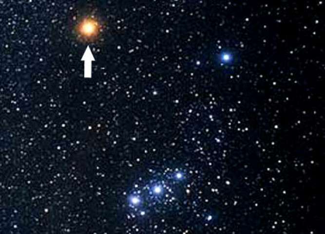 <b>ORION:</b> Stjernebildet der kanskje beltet – de tre stjernene på rad – er mest kjent. Betelgeuse er Orions skulder, markert med pil