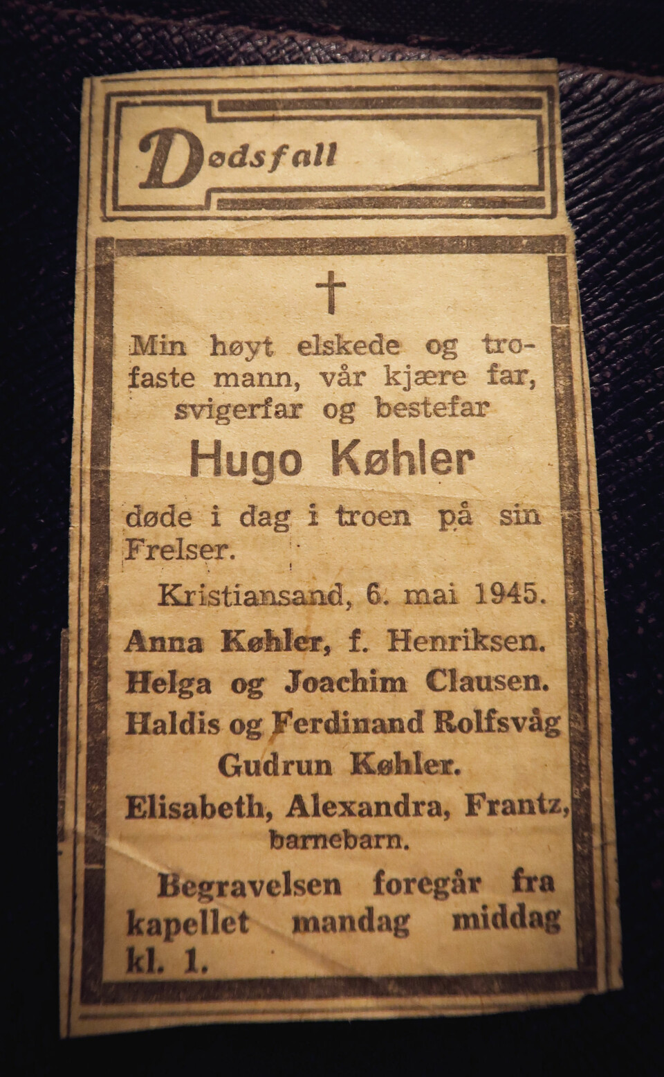 ANNONSE: Selv om han påsto seg å være erkehertug, ble det i dødsannonsen kunngjort at det var Hugo Køhler som var død. Ingen fødselsdato ble oppgitt.