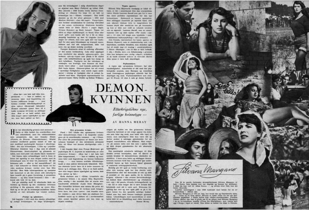 <b>DEMONKVINNER:</b> Første utgave av Vi Menn hadde en artikkel om slemme kvinner på film, og en bildespesial på Silvana Mangano.