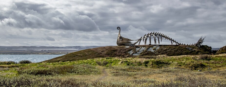 DRAKKAR: Dette er Drakkar, han er en krysning mellom et vikingskip, hval og en dinosaur. Han står ute på Skagen og vokter Bussesundet. Skulpturen er designet og bygget av unge trehåndverkere fra Arkhangelsk.