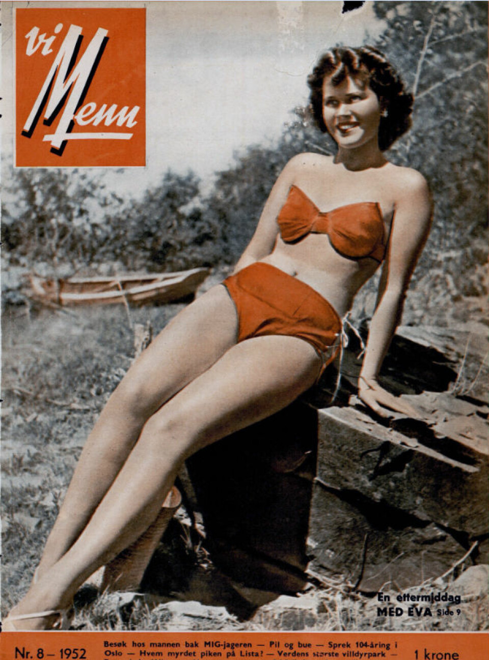 FØRSTE COVERJENTE: Norske Eva Seeberg erstattet de amerikanske pinupjentene på side 9, og fikk med det plass på august-coveret til Vi Menn i 1952.