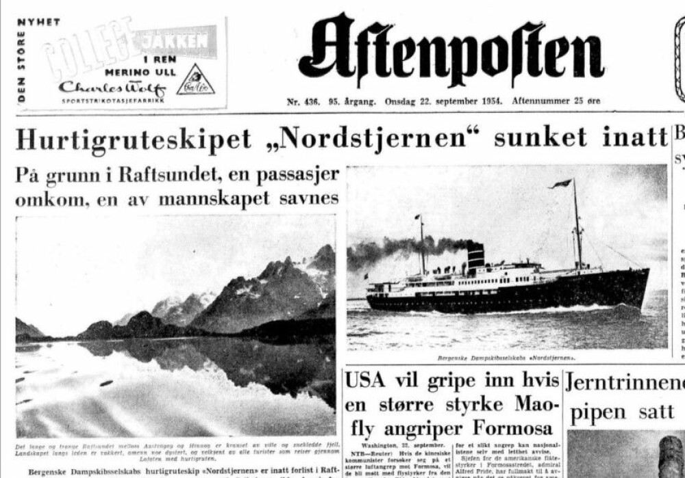 <b>PÅ GRUNN:</b> Losen som navigerte M/S Nordlys på grunn, var også på broen da D/S Nordstjernen havarerte i Raftsundet i 1954. Her er Aftenpostens oppslag om ulykken som krevde fem liv.