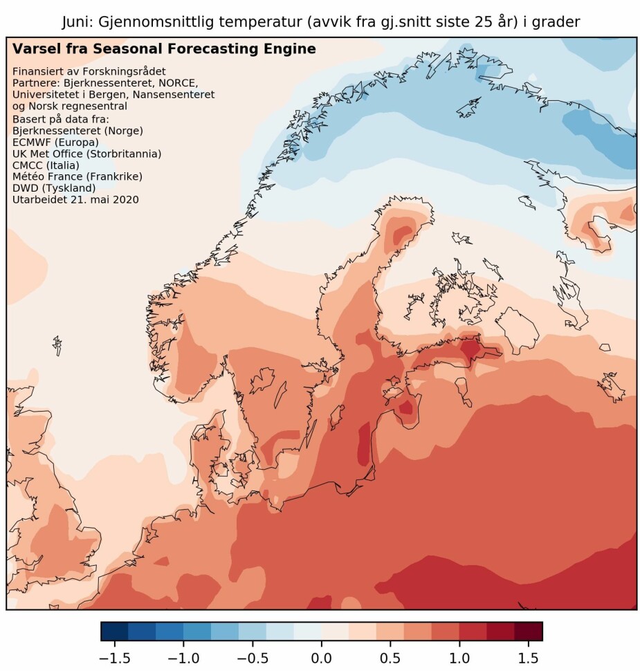 JUNI-PROGNOSE: Varselet gir små utslag i Nord-Norge, men for Sør-Norge er varselet at det skal bli opptil halvannen grader varmere i juni enn gjennomsnittet de siste 25 årene, skriver klimaforsker Erik Kolstad.