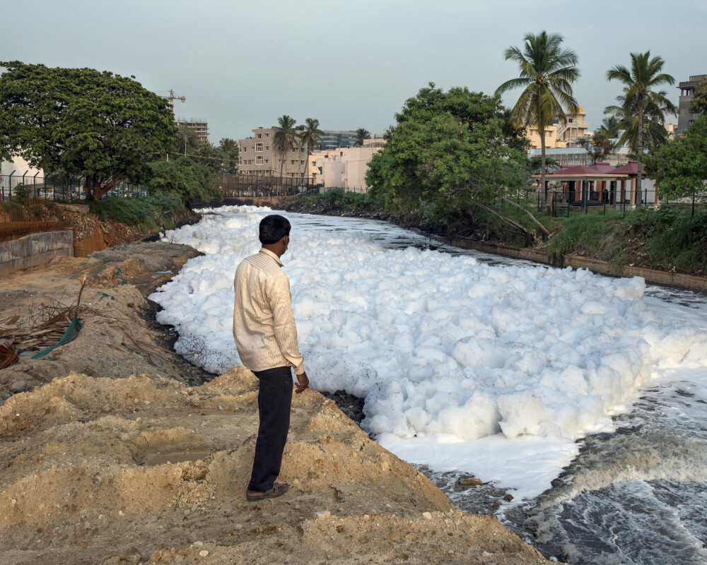<b>SKUMMENDE TRAGEDIE:</b> Her ender mye av avløpsvannet fra millionbyen Bangalore. Etter kraftig regnvær skummer overflaten av innsjøen Bellandur. Vannet er så forurenset av tungmetaller, nitrater og fosfater at det ved minst to anledninger har tatt fyr. 