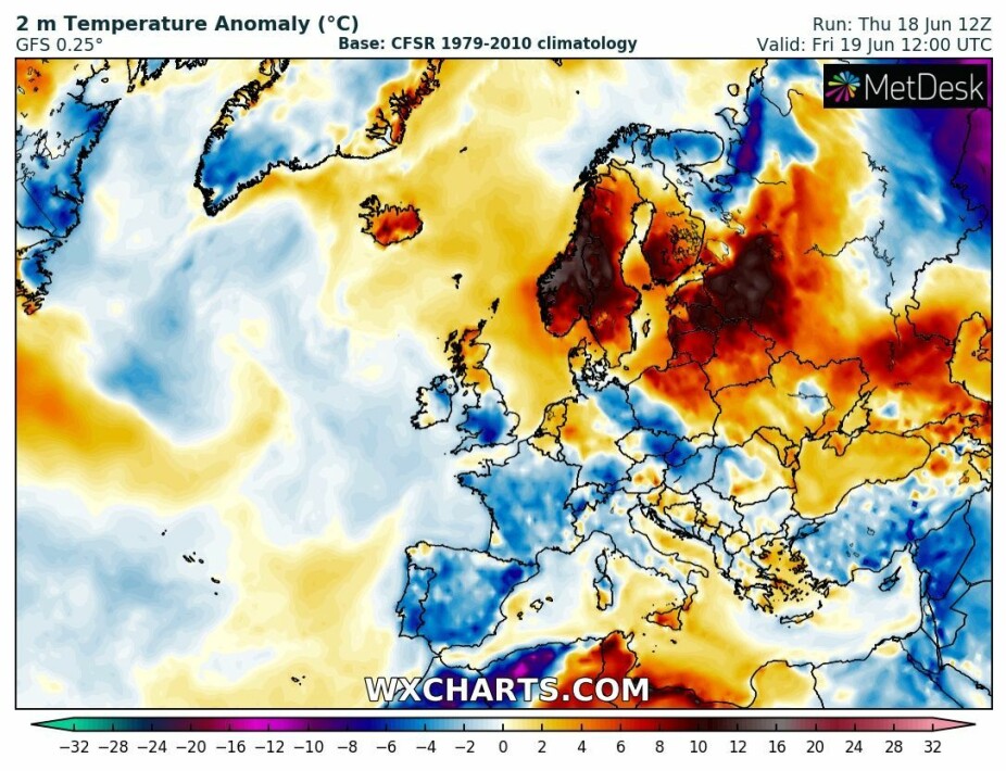 HETEBØLGE I NORDEN: Dette kartet viser den faktiske temperaturen sammenlignet med gjennomsnittet. Grafikken viser den ventede situasjonen klokken 12 i dag. Som man ser har Sentral-Europa og Sør-Europa kjøligere temperaturer enn normalt. Dette bildet er ventet å snu når man kommer inn i juli, advarer meteorolog Roar Teigen.