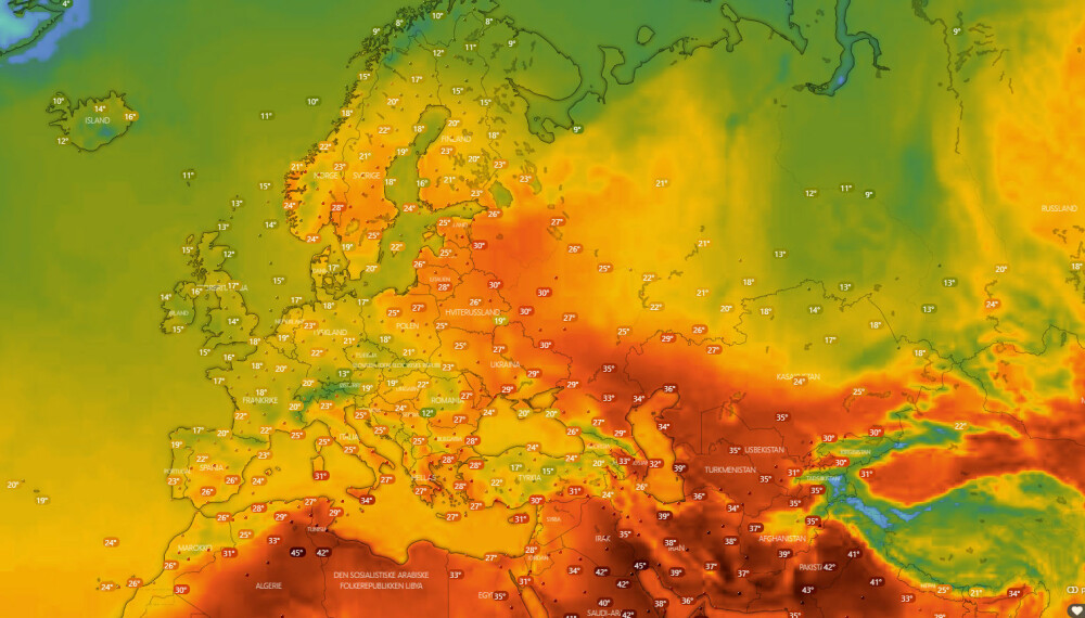 VARMERE ENN MALLORCA: Et temperaturkart fra Windy.com viser situasjonen i Europa fredag kl 11.00. Oslo kan skilte med høyere temperatur enn steder som Gran Canaria, Ibiza og Mallorca. Oslo har vært varmere enn Las Palmas hver dag denne uken.