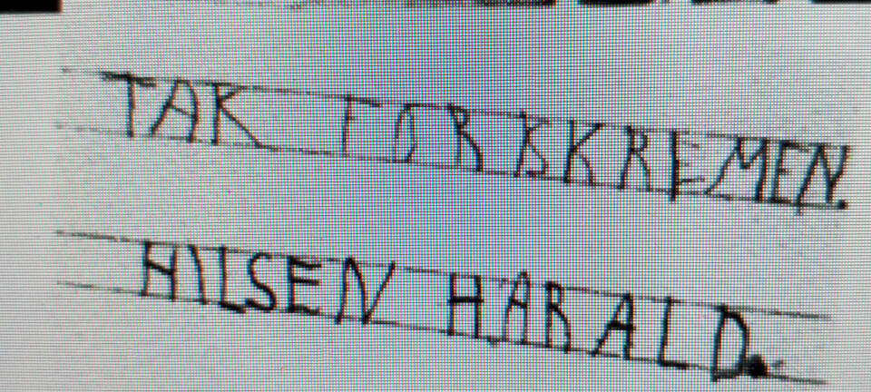 HØFLIG GUTT: Jørgine Boomer tok seg av kronprinsesse Märtha og de tre barna da de kom til New York som flyktninger høsten 1940. Dette er en beskjed som vår Kong Harald skrev, tre år gammel, og som Jørgine tok vare på.